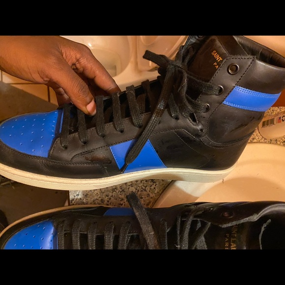 Saint Laurent Leather High-Top Sneaker, Black/Blue - Picture 5 of 10